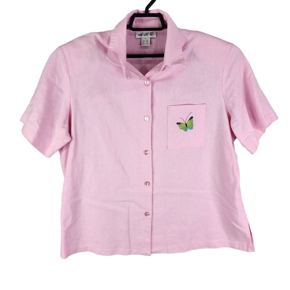 Women's A.K.C. Pink Shirt Embroidered Butterfly Short Sleeve Button-Up Size 1X